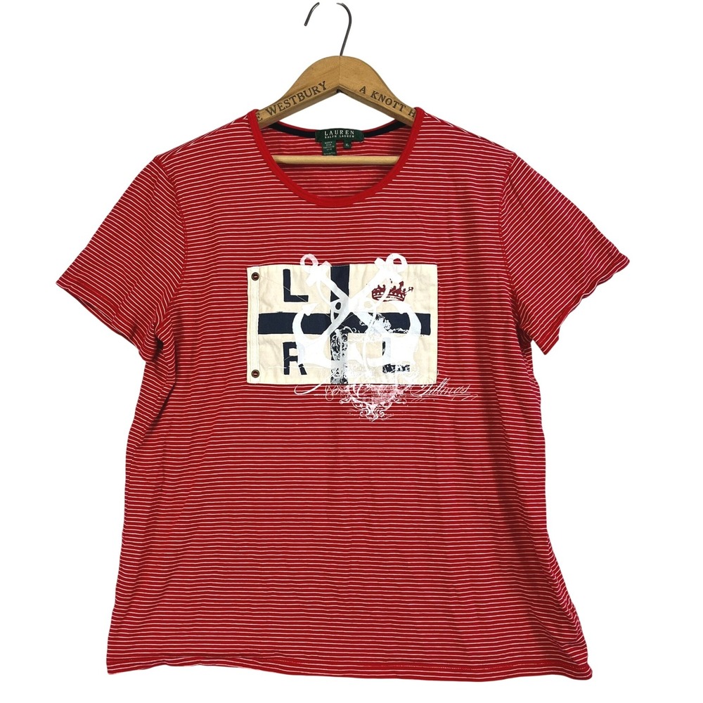 Lauren Ralph Lauren Womens Striped Cotton T Shirt Nautical Flag Graphic‎ XL
